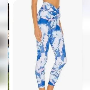 YEAR OF OURS Veronica Pink Blue Watercolor Tie-dye Wrap Front Crop Leggings NWOT